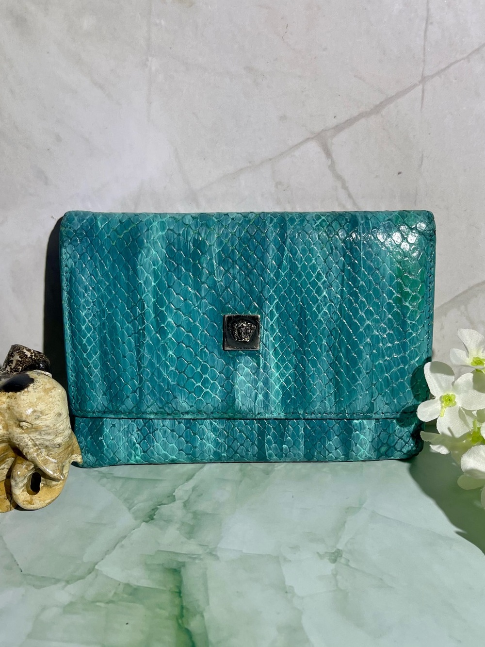 Gianni Versace Medusa Teal Snake Embossed Wallet VINTAGE